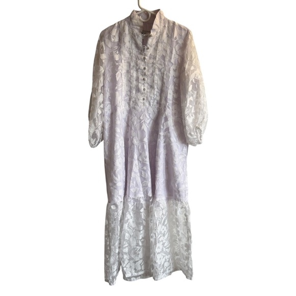 Sue Sartor Paloma Flounce Dress, White Cotton Swiss Voile/Embossed Blooms, L - Picture 3 of 11